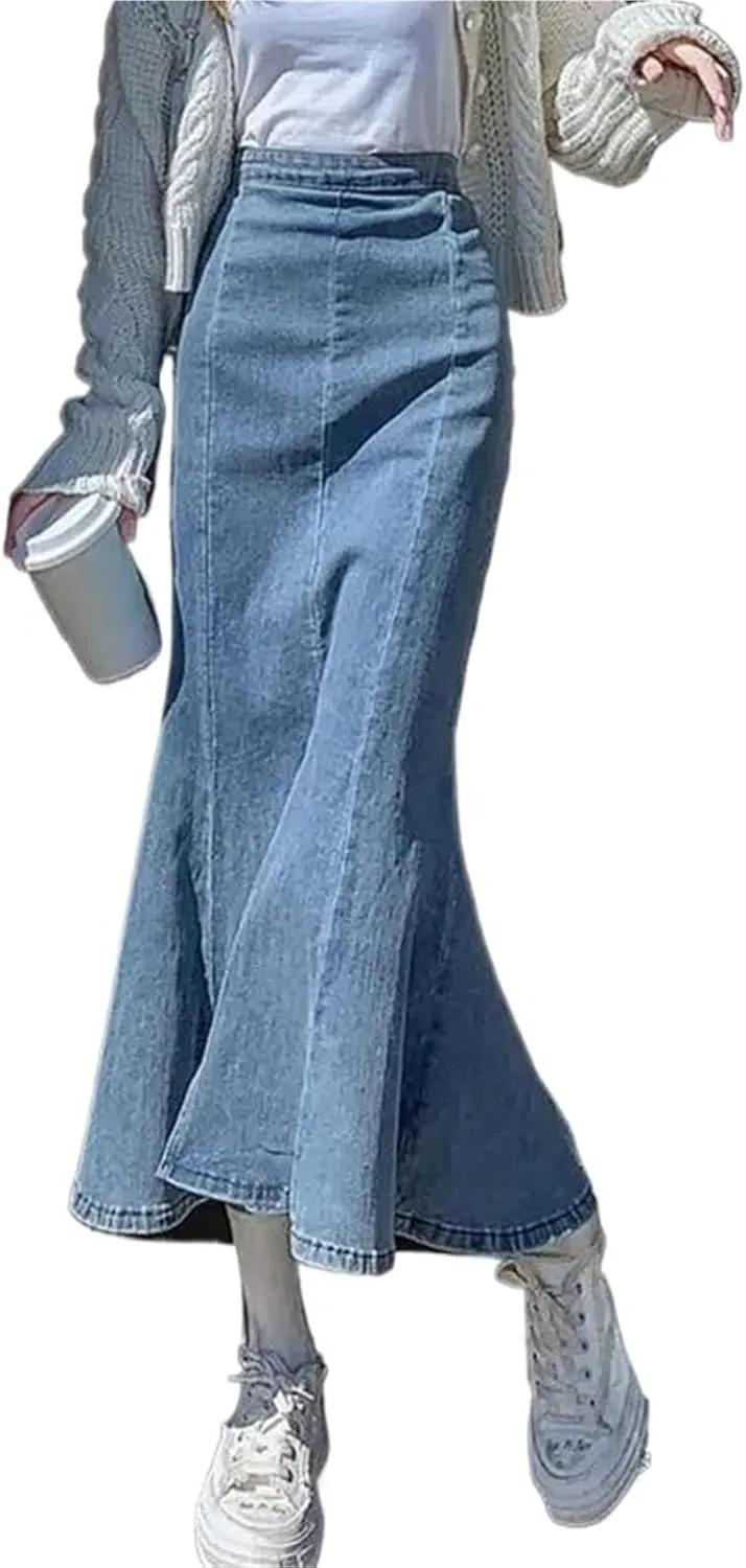 Women's High-Waisted Split Stretch Fishtail Skirt Casual Versatile Ruffled Denim Skirt