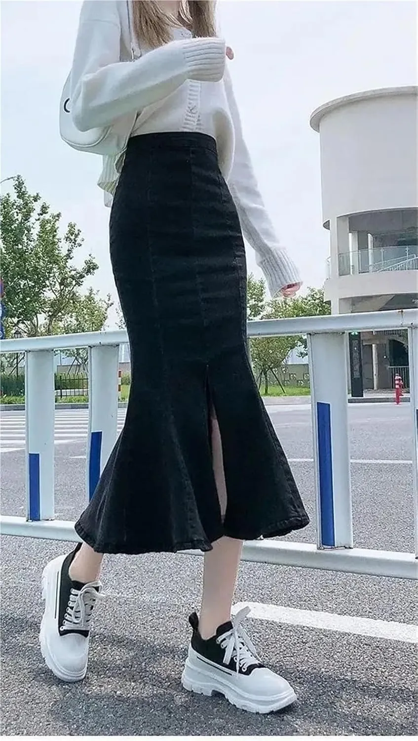 Women's High-Waisted Split Stretch Fishtail Skirt Casual Versatile Ruffled Denim Skirt