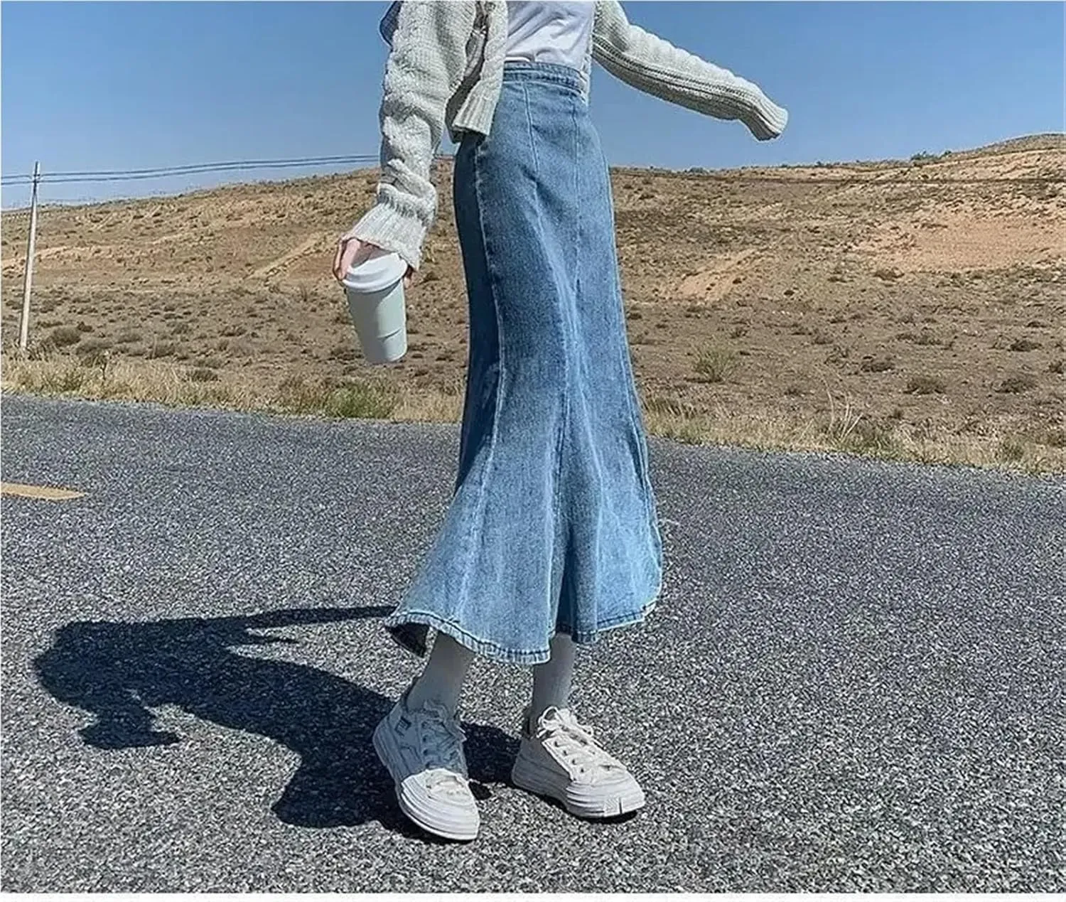 Women's High-Waisted Split Stretch Fishtail Skirt Casual Versatile Ruffled Denim Skirt