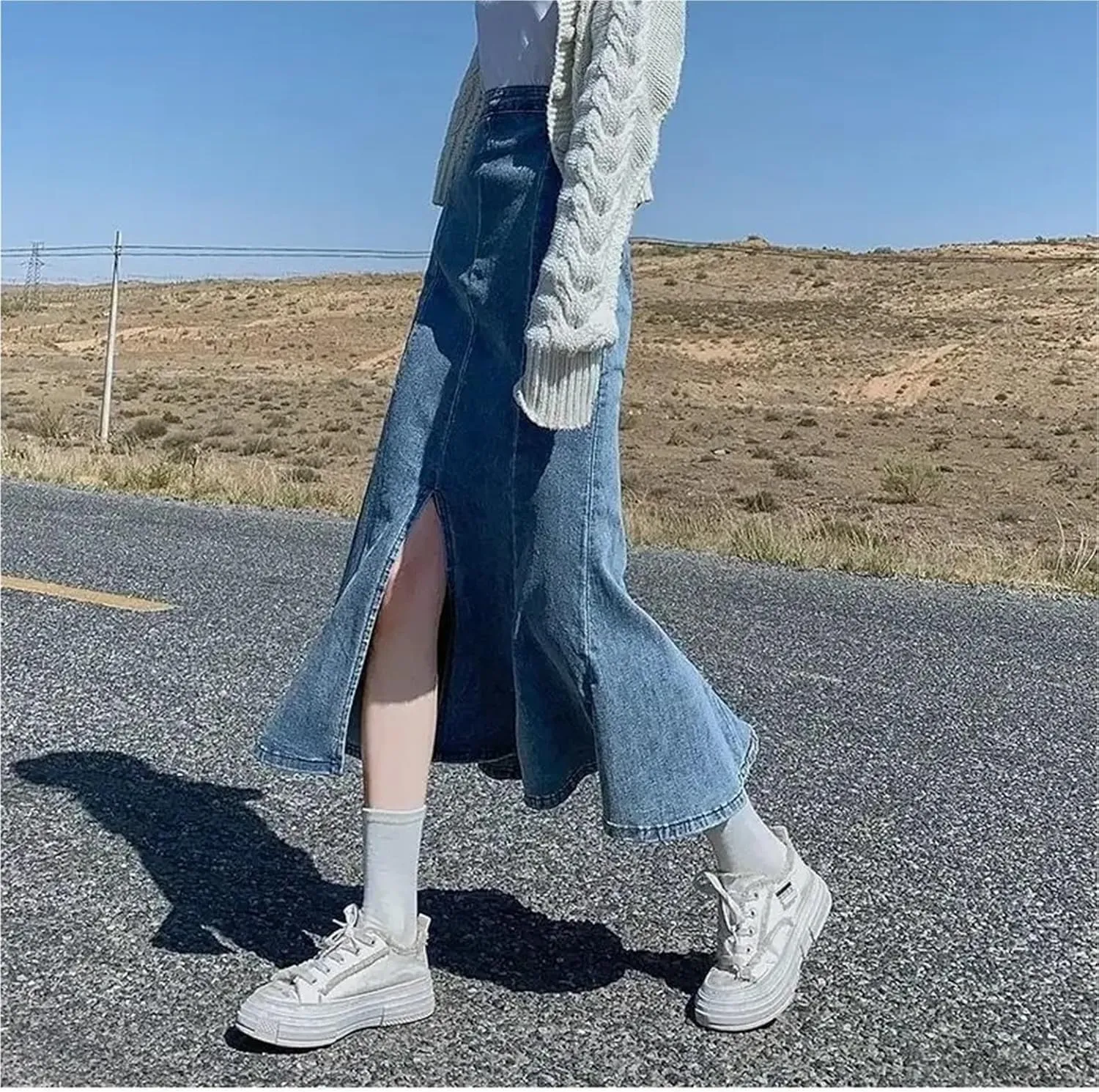 Women's High-Waisted Split Stretch Fishtail Skirt Casual Versatile Ruffled Denim Skirt