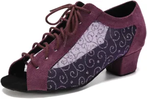 Women's Lace-up Latin Dance Shoes Low Heel Open Toe Ballroom Salsa Dance Practice Shoes Suede Sole