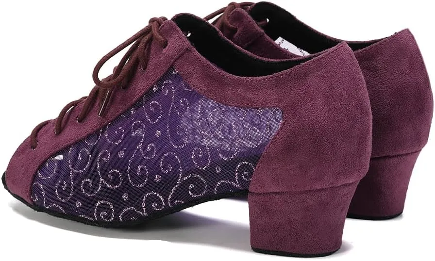 Women's Lace-up Latin Dance Shoes Low Heel Open Toe Ballroom Salsa Dance Practice Shoes Suede Sole
