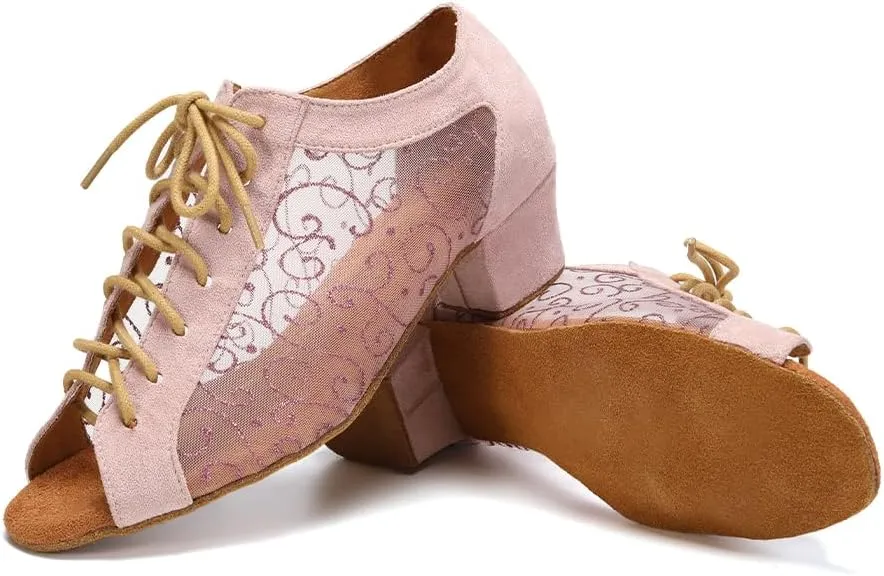 Women's Lace-up Latin Dance Shoes Low Heel Open Toe Ballroom Salsa Dance Practice Shoes Suede Sole