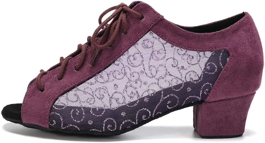 Women's Lace-up Latin Dance Shoes Low Heel Open Toe Ballroom Salsa Dance Practice Shoes Suede Sole