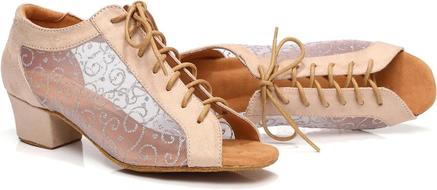 Women's Lace-up Latin Dance Shoes Low Heel Open Toe Ballroom Salsa Dance Practice Shoes Suede Sole