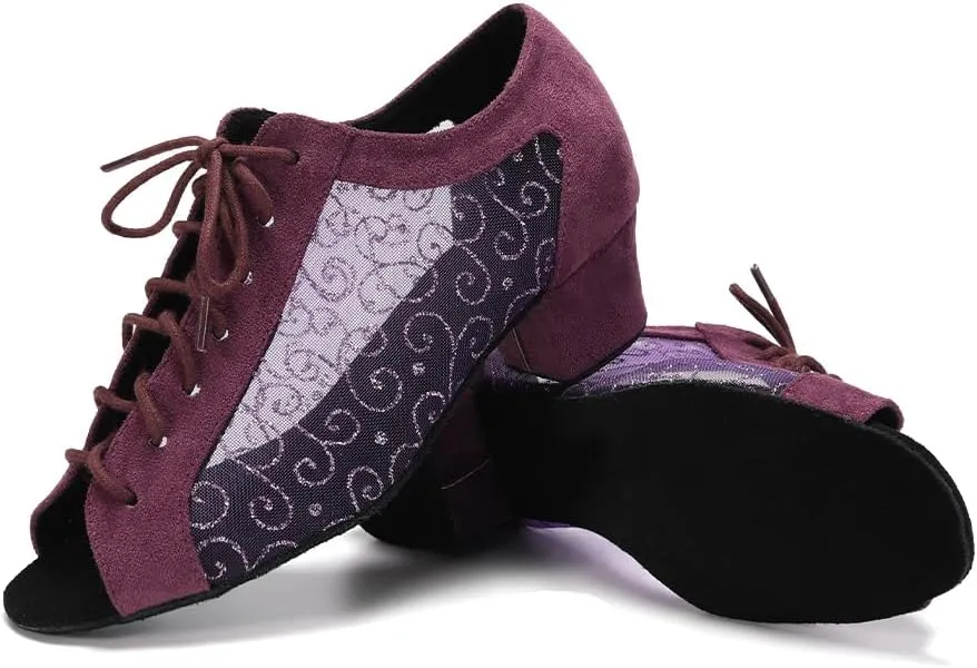 Women's Lace-up Latin Dance Shoes Low Heel Open Toe Ballroom Salsa Dance Practice Shoes Suede Sole