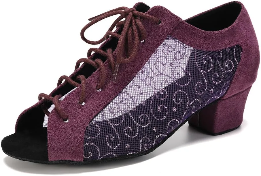 Women's Lace-up Latin Dance Shoes Low Heel Open Toe Ballroom Salsa Dance Practice Shoes Suede Sole