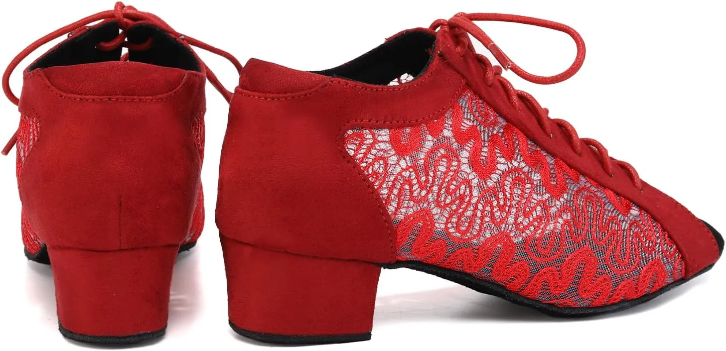 Women's Lace-up Latin Dance Shoes Low Heel Open Toe Ballroom Salsa Dance Practice Shoes Suede Sole