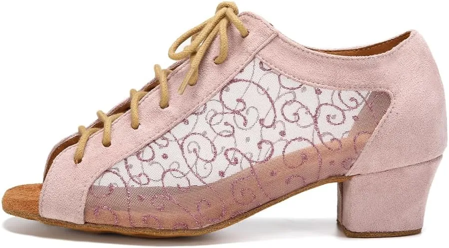 Women's Lace-up Latin Dance Shoes Low Heel Open Toe Ballroom Salsa Dance Practice Shoes Suede Sole