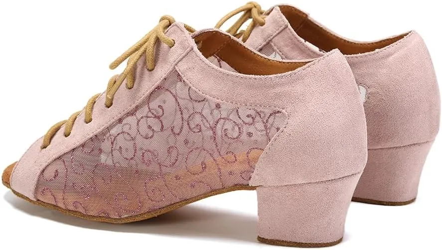 Women's Lace-up Latin Dance Shoes Low Heel Open Toe Ballroom Salsa Dance Practice Shoes Suede Sole