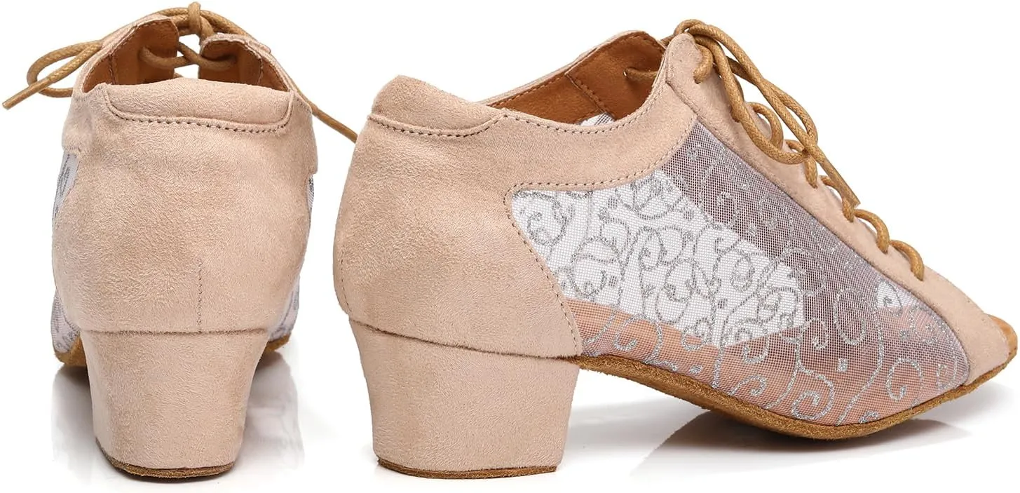 Women's Lace-up Latin Dance Shoes Low Heel Open Toe Ballroom Salsa Dance Practice Shoes Suede Sole