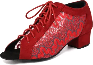 Women's Lace-up Latin Dance Shoes Low Heel Open Toe Ballroom Salsa Dance Practice Shoes Suede Sole