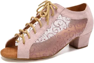 Women's Lace-up Latin Dance Shoes Low Heel Open Toe Ballroom Salsa Dance Practice Shoes Suede Sole
