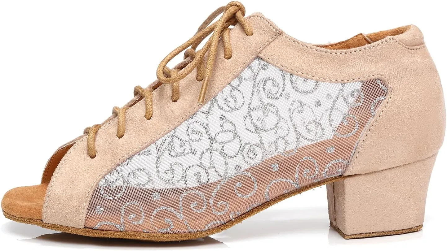Women's Lace-up Latin Dance Shoes Low Heel Open Toe Ballroom Salsa Dance Practice Shoes Suede Sole