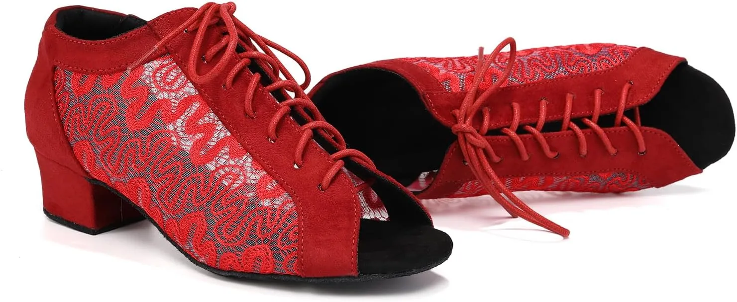 Women's Lace-up Latin Dance Shoes Low Heel Open Toe Ballroom Salsa Dance Practice Shoes Suede Sole