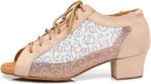 Women's Lace-up Latin Dance Shoes Low Heel Open Toe Ballroom Salsa Dance Practice Shoes Suede Sole