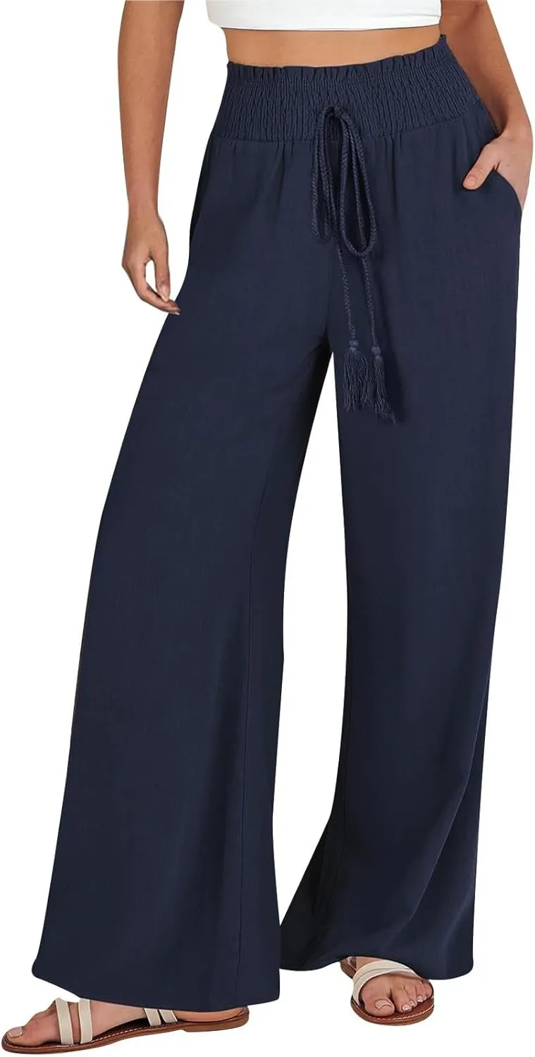 Women's Linen Blend Summer Tie Knot Pants Elastic Waist Baggy Stretchy Loose Fit Palazzo Pants Vacation