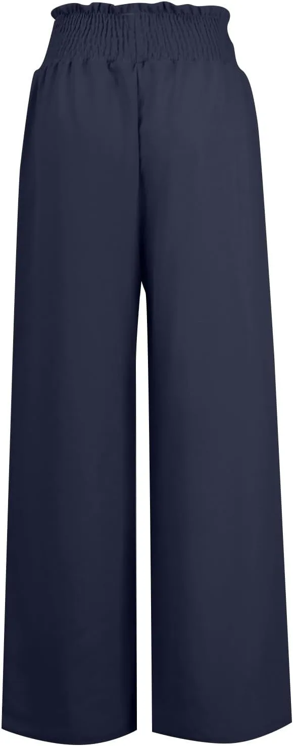 Women's Linen Blend Summer Tie Knot Pants Elastic Waist Baggy Stretchy Loose Fit Palazzo Pants Vacation