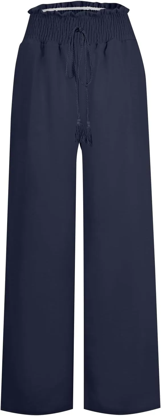 Women's Linen Blend Summer Tie Knot Pants Elastic Waist Baggy Stretchy Loose Fit Palazzo Pants Vacation