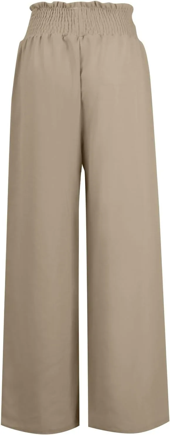 Women's Linen Blend Summer Tie Knot Pants Elastic Waist Baggy Stretchy Loose Fit Palazzo Pants Vacation