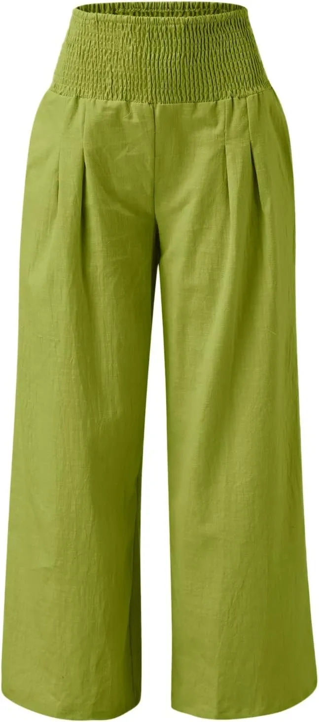Women's Linen Summer Pull On Palazzo Pants High Waist Stretchy Straight Slim Fit Trousers Travel