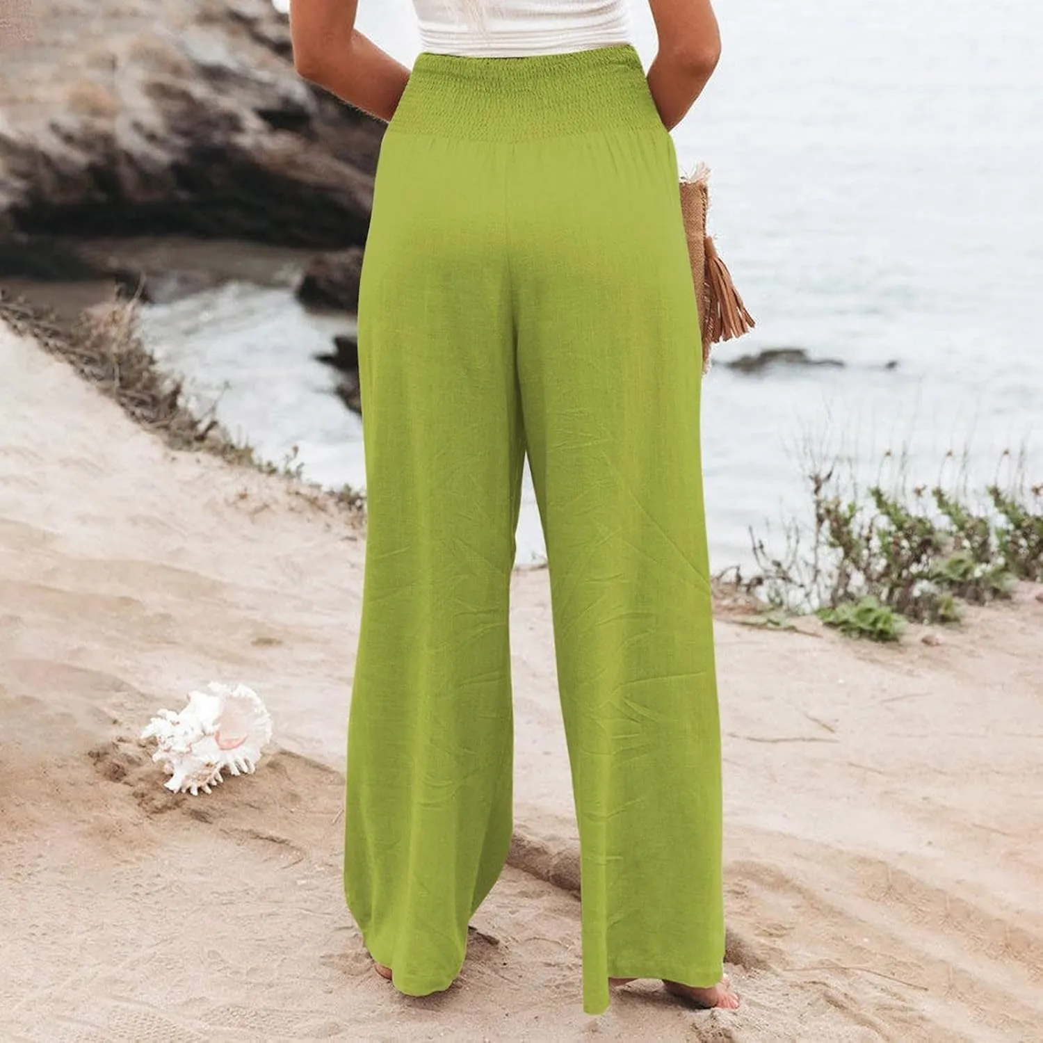 Women's Linen Summer Pull On Palazzo Pants High Waist Stretchy Straight Slim Fit Trousers Travel