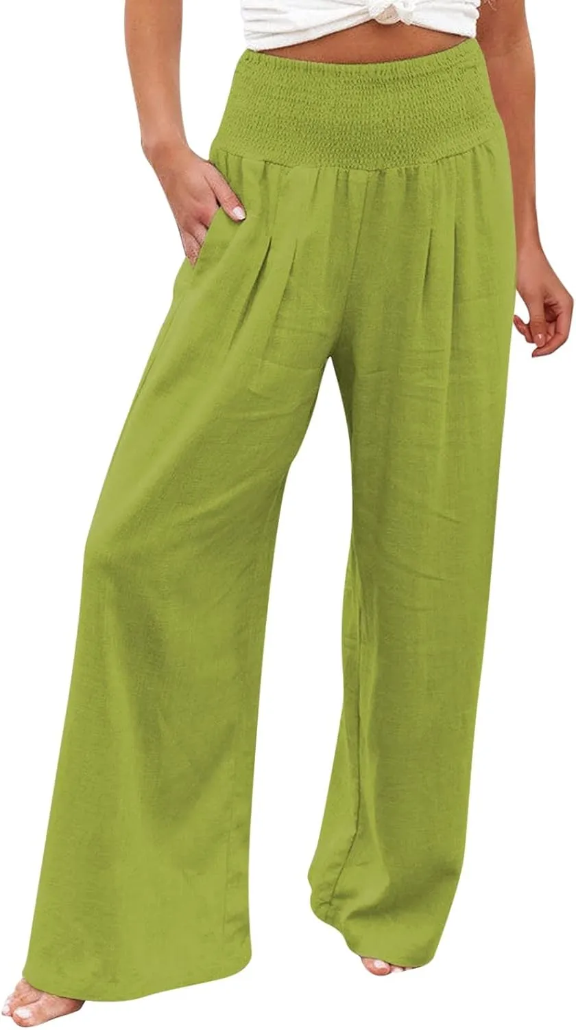 Women's Linen Summer Pull On Palazzo Pants High Waist Stretchy Straight Slim Fit Trousers Travel
