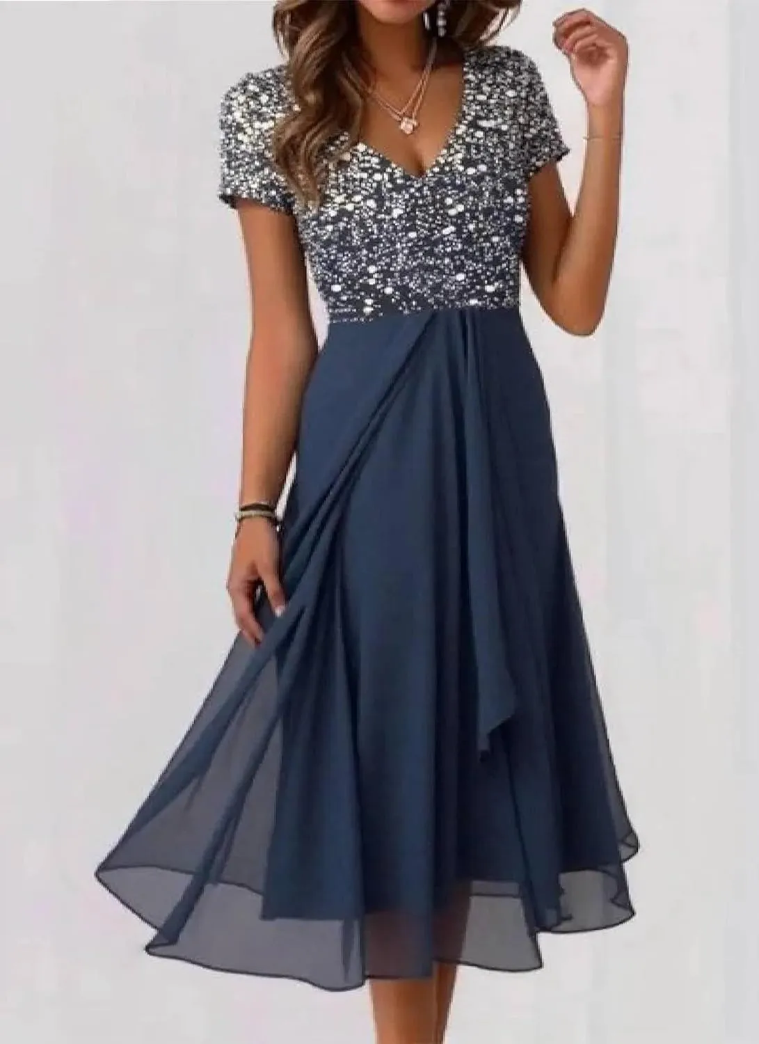 Womens Midi Dress V-Neck Short Sleeve High Waist Blue Elegant Flared 2025 Spring Summer Party Cocktail Dress
