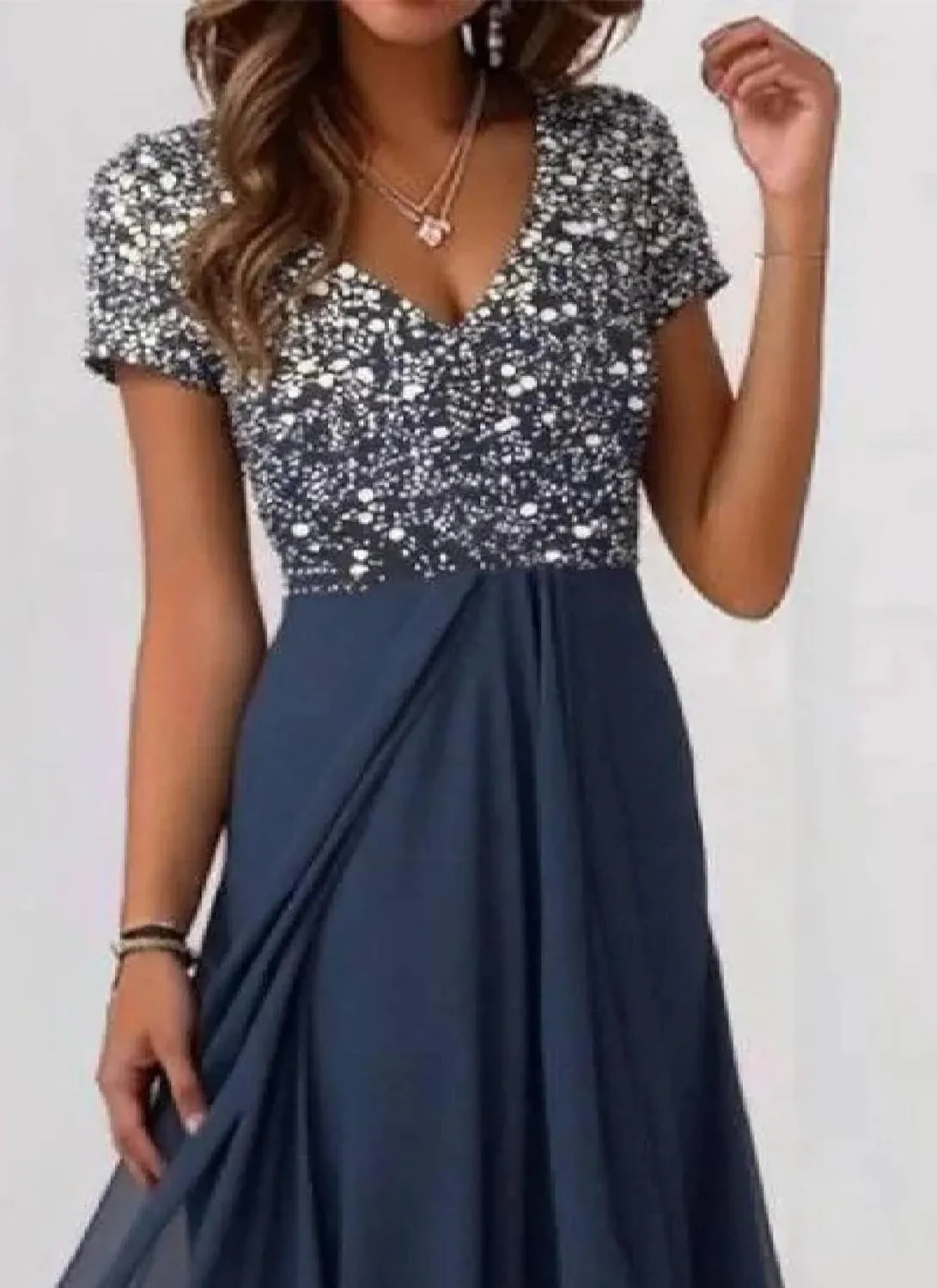 Womens Midi Dress V-Neck Short Sleeve High Waist Blue Elegant Flared 2025 Spring Summer Party Cocktail Dress