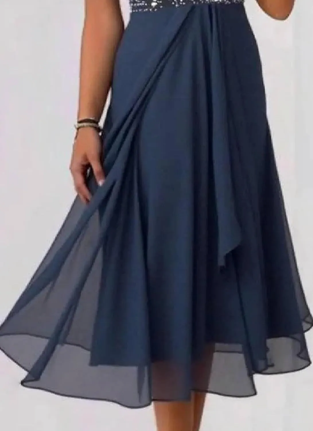 Womens Midi Dress V-Neck Short Sleeve High Waist Blue Elegant Flared 2025 Spring Summer Party Cocktail Dress