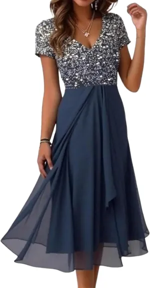 Womens Midi Dress V-Neck Short Sleeve High Waist Blue Elegant Flared 2025 Spring Summer Party Cocktail Dress