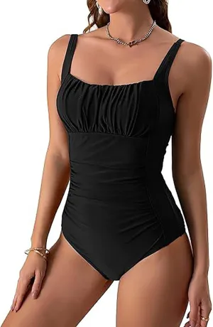 Womens One Piece Swimsuits Tummy Control Ruched Square Neck Adjustable Straps Bathing Suits Slimming Modest Swimwear