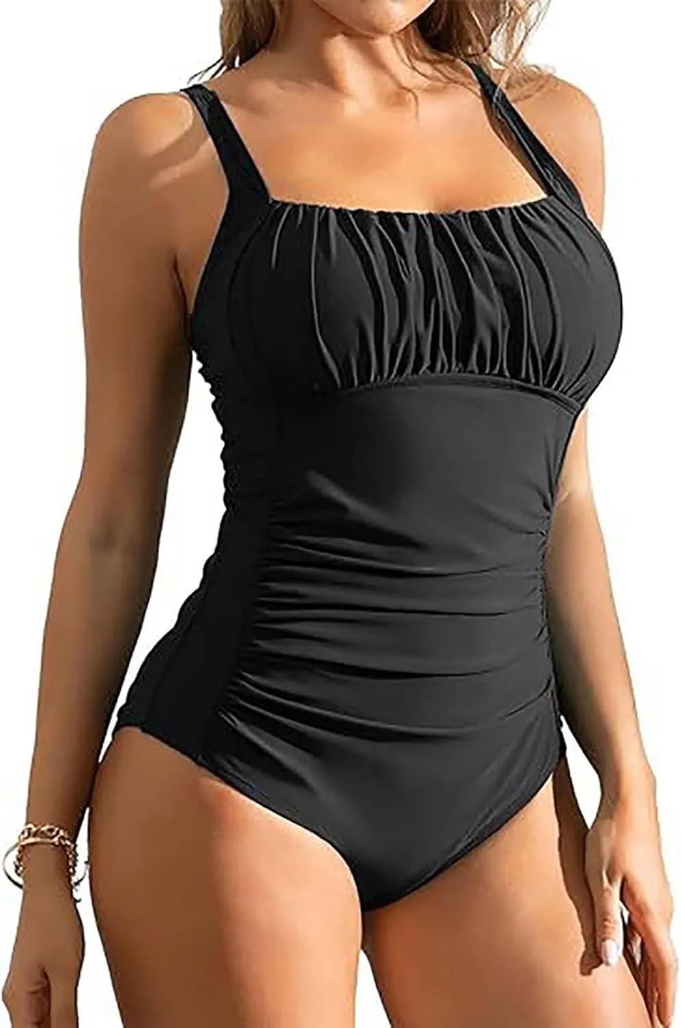 Womens One Piece Swimsuits Tummy Control Ruched Square Neck Adjustable Straps Bathing Suits Slimming Modest Swimwear