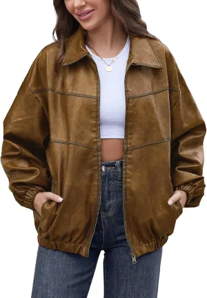 Womens Oversized Y2K Faux Leather Jackets Vintage Plus Size Fashion Motorcycle Coats Fall Fashion Outfits 2024
