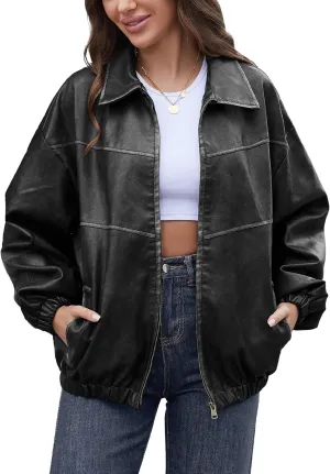 Womens Oversized Y2K Faux Leather Jackets Vintage Plus Size Fashion Motorcycle Coats Fall Fashion Outfits 2024