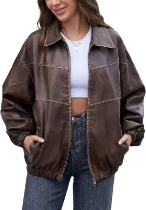 Womens Oversized Y2K Faux Leather Jackets Vintage Plus Size Fashion Motorcycle Coats Fall Fashion Outfits 2024