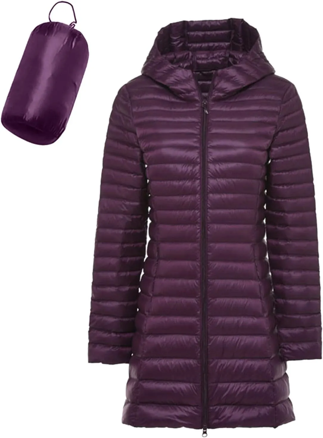 Womens Packable Long Puffer Jackets with Detachable Hood Lightweight Full Zip Winter Down Coats Warm Windproof Outwear