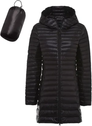 Womens Packable Long Puffer Jackets with Detachable Hood Lightweight Full Zip Winter Down Coats Warm Windproof Outwear
