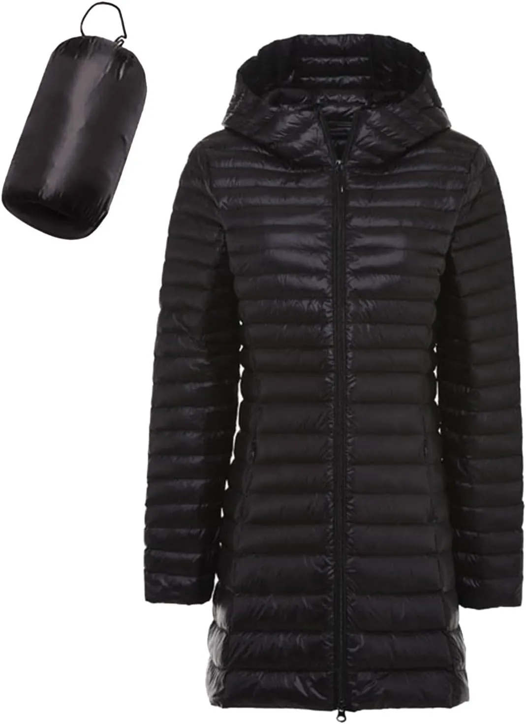 Womens Packable Long Puffer Jackets with Detachable Hood Lightweight Full Zip Winter Down Coats Warm Windproof Outwear