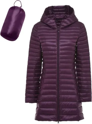 Womens Packable Long Puffer Jackets with Detachable Hood Lightweight Full Zip Winter Down Coats Warm Windproof Outwear