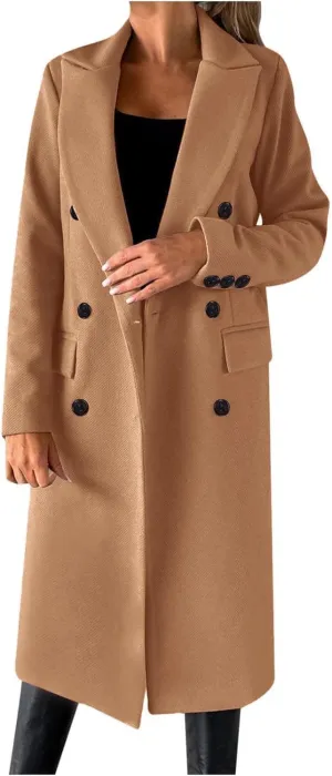 Women's Peacoat Double Breasted Trench Elegant Plain Jacket Lightweight Lapel Collar Casual Warm Work Winter Jackets
