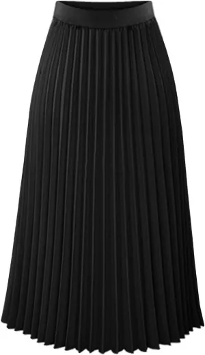 Womens Pleated Midi Skirt High Waist Swing Boho Pleated Skirt Casual Chiffon Elastic A-line Long Skirts