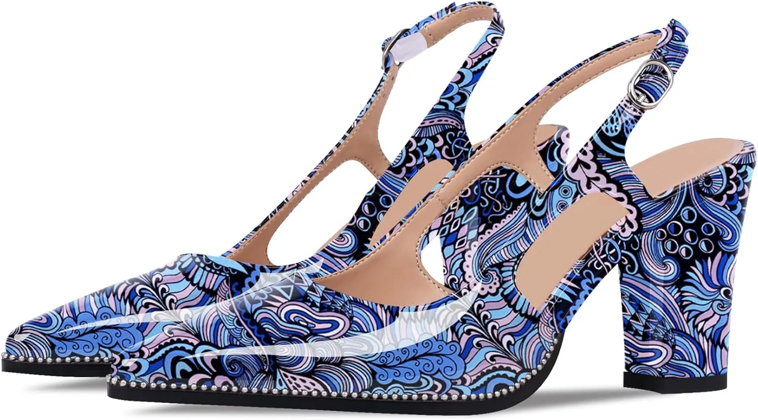 Women's Pointed Toe Block Heel Slingback Pumps Beaded Patent Leather Buckle Strap Slip On Work Party Dress Shoes