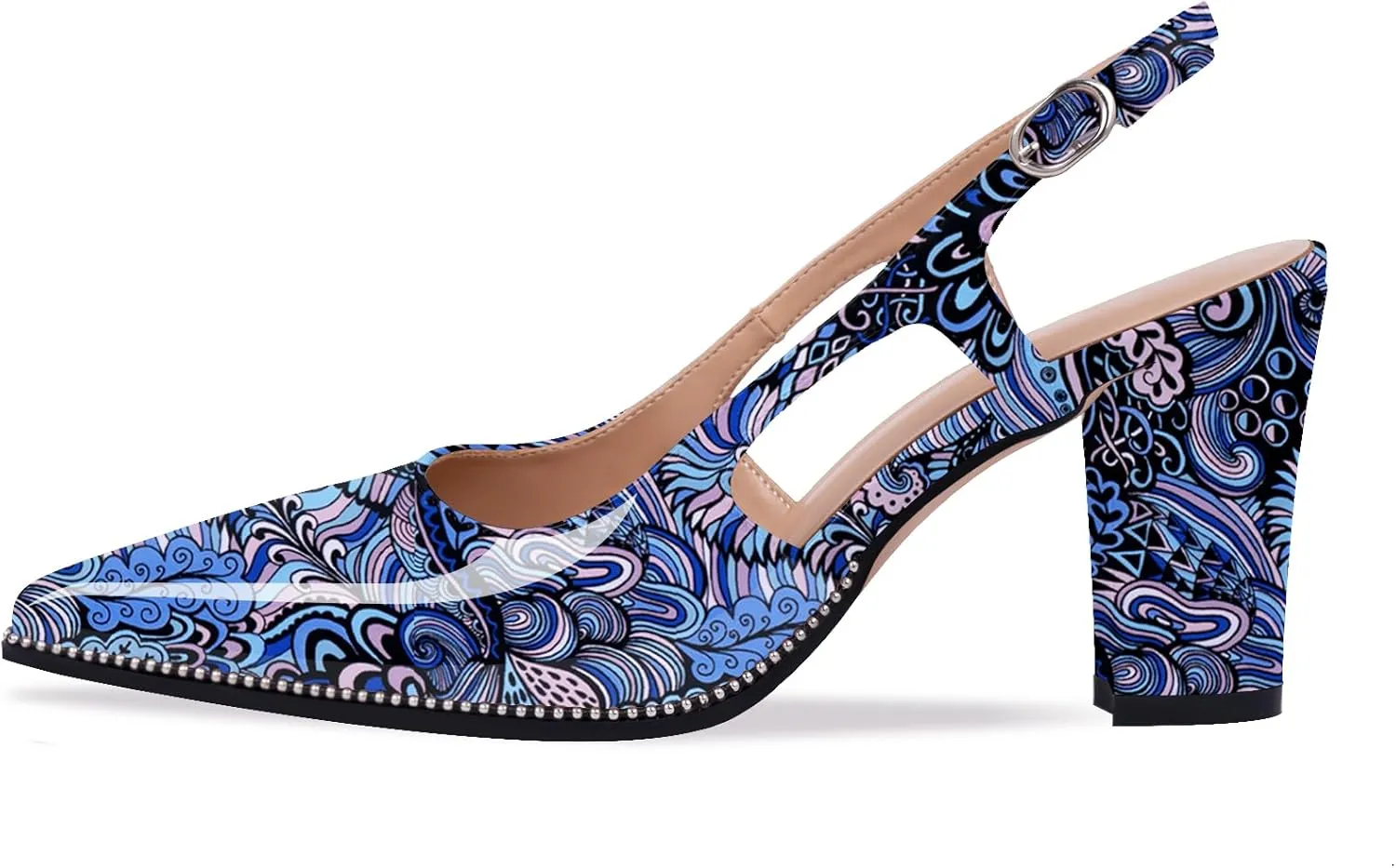 Women's Pointed Toe Block Heel Slingback Pumps Beaded Patent Leather Buckle Strap Slip On Work Party Dress Shoes