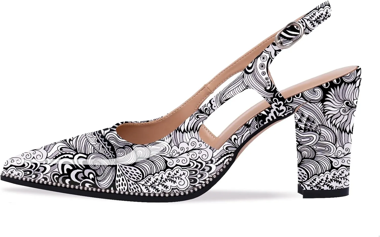 Women's Pointed Toe Block Heel Slingback Pumps Beaded Patent Leather Buckle Strap Slip On Work Party Dress Shoes