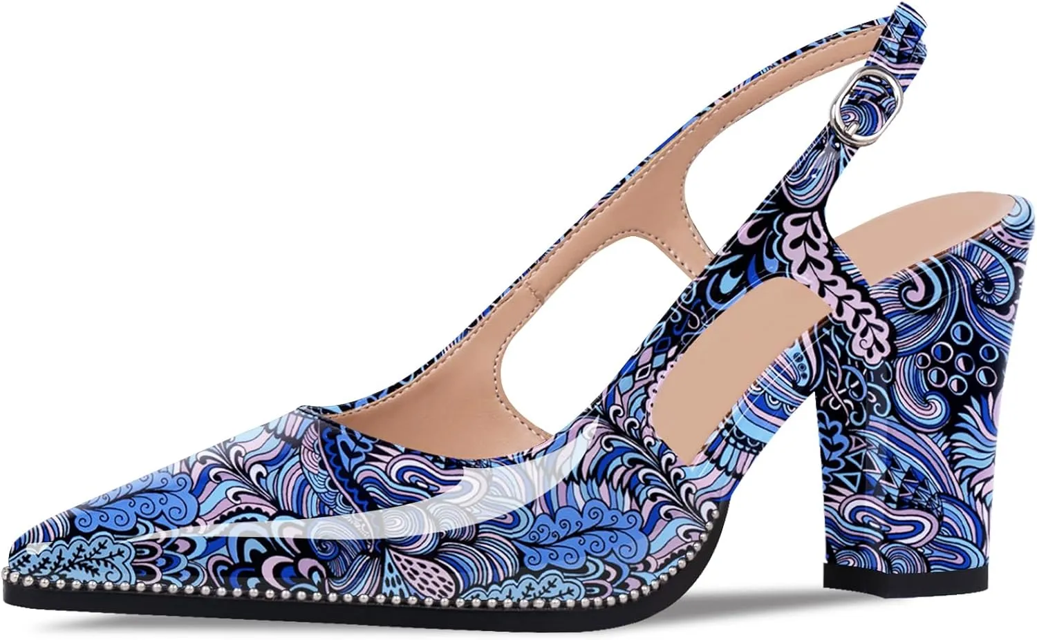 Women's Pointed Toe Block Heel Slingback Pumps Beaded Patent Leather Buckle Strap Slip On Work Party Dress Shoes