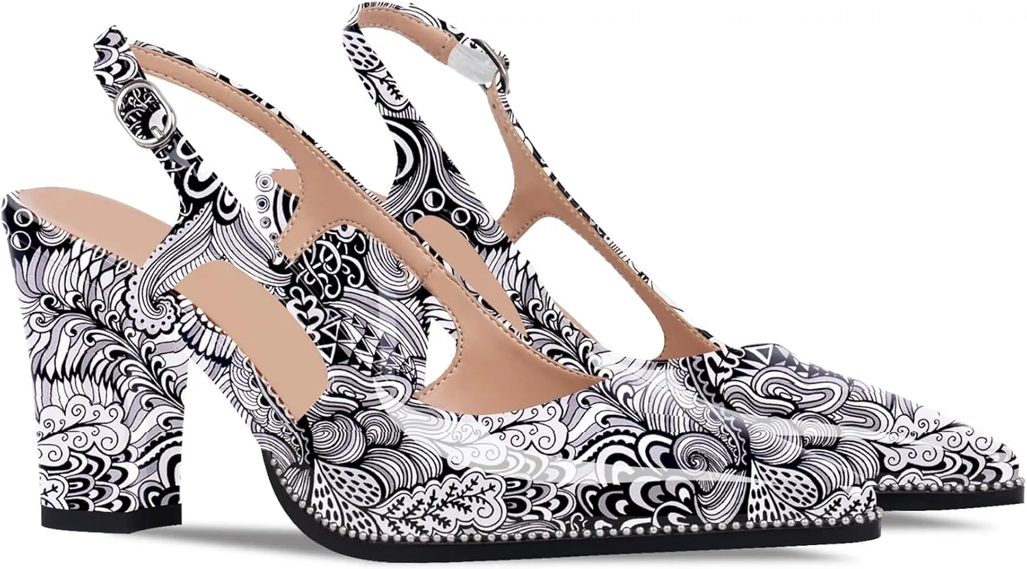 Women's Pointed Toe Block Heel Slingback Pumps Beaded Patent Leather Buckle Strap Slip On Work Party Dress Shoes
