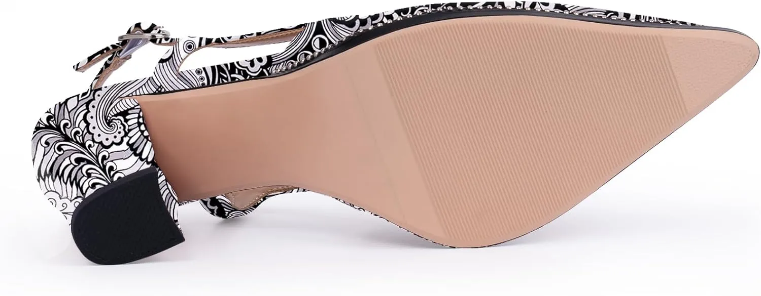 Women's Pointed Toe Block Heel Slingback Pumps Beaded Patent Leather Buckle Strap Slip On Work Party Dress Shoes