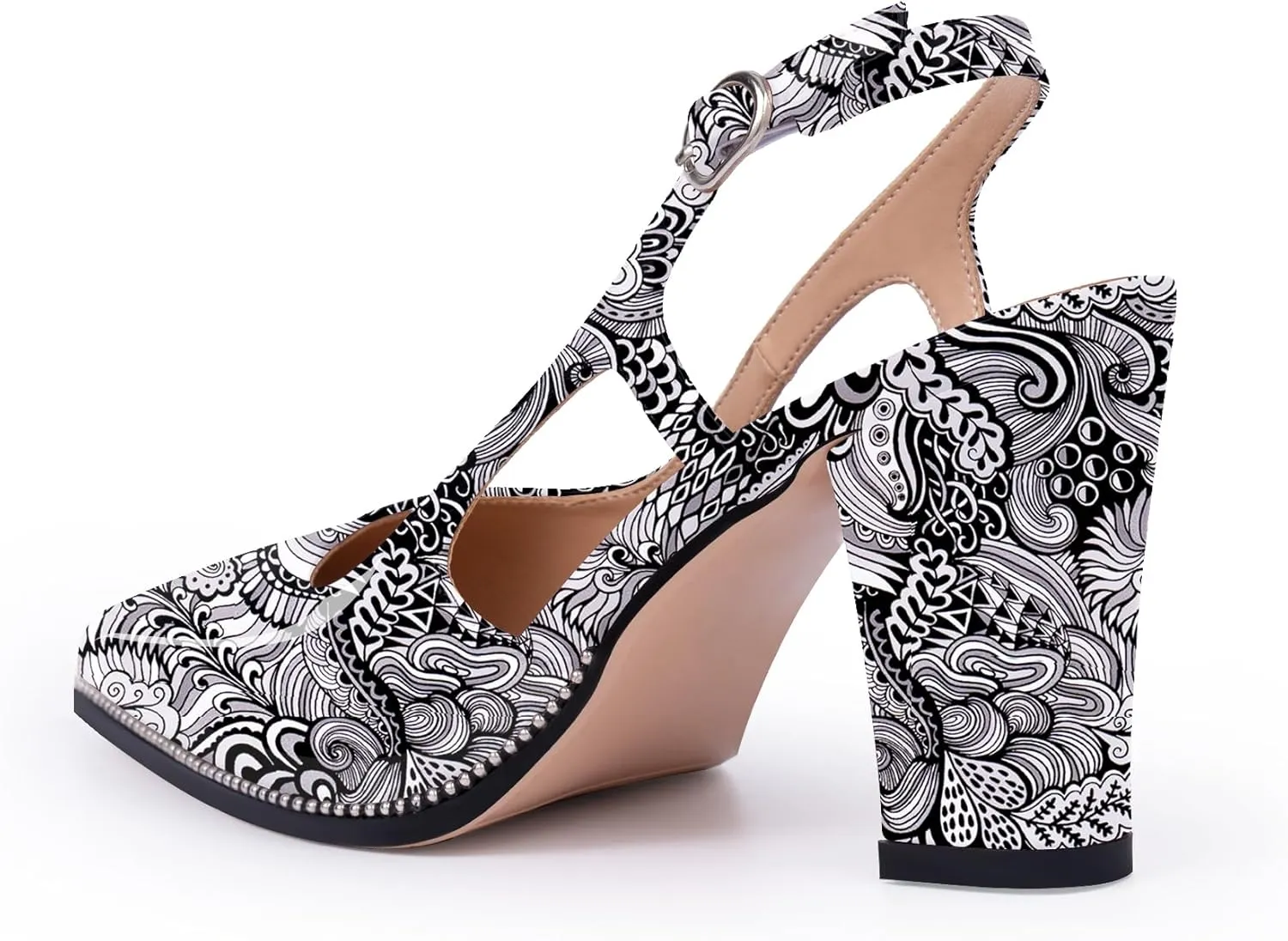 Women's Pointed Toe Block Heel Slingback Pumps Beaded Patent Leather Buckle Strap Slip On Work Party Dress Shoes