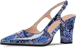 Women's Pointed Toe Block Heel Slingback Pumps Beaded Patent Leather Buckle Strap Slip On Work Party Dress Shoes